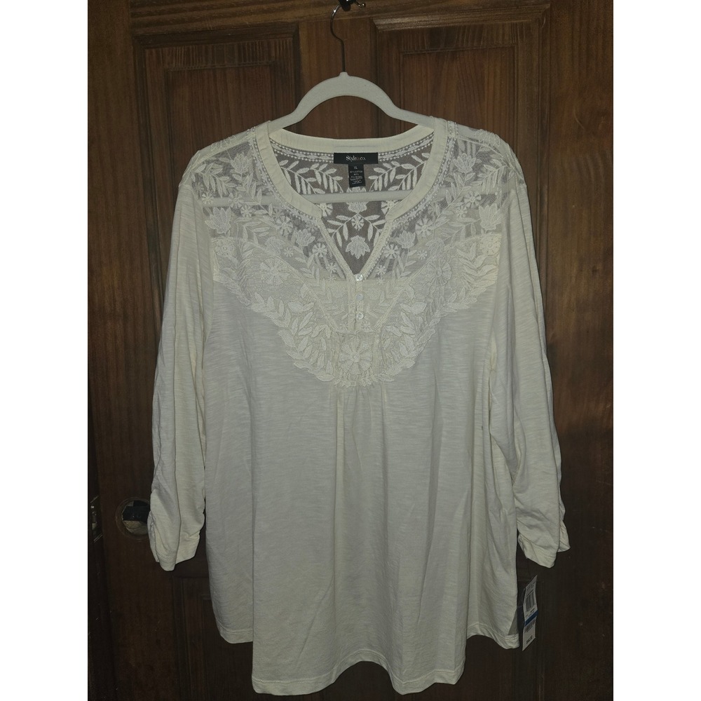 Style & Co Womens XL Botanic Ivory Lace Trim Embroidered Tunic Top - Picture 2 of 5